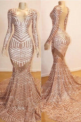 Mermaid Long Sleeves V-neck Sequined Sweep Train Prom Evening Dresses